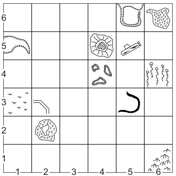 A sea-floor map divided into 36 spaces, a third of which are filled with landmarks. The Northwest and Southeast are sparse, with only a curling peninsula in the Northwest, a mangrove forest in the Southeast corner, and a curved, dark ravine near the Northeast corner. The Southwest has several landmarks: an area of barren seafloor, a brine lake with an island, and a sharp-edged incomplete canal leading from one to the other. The Northeast corner has the most landmarks, between a brine lake and dangerously-close lagoon, a kelp forest, an archipelago of atolls, and a volcano. There's also a sunken submarine in the centre of the Northeast, between all the other landmarks.