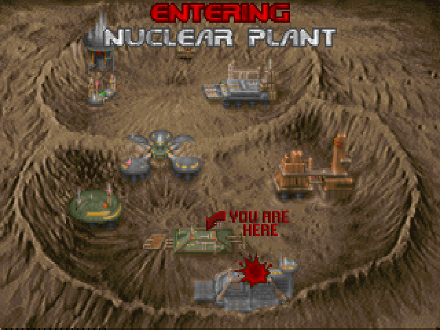 A vivid map of the levels in Episode 1, showing various techbase facilities—domes, towers, blocky space bases—in two giant, pale-brown craters on Mars' moon Phobos. One area is splattered with blood while another has a red arrow pointing to it with the text “You are here”. Text at the top reads “Entering Nuclear Plant”, the second level in the episode.
