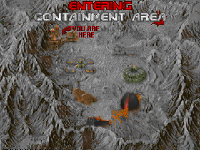 A vivid map of the levels in Episode 2, showing a mix of technical installations and demonic fortifications in a vast, grey crater on Mars' moon Deimos. Sometimes it's unclear which architecture is human and which is from hell. A black tower is under construction in the south, near a giant obsidian dome covering a magma core.