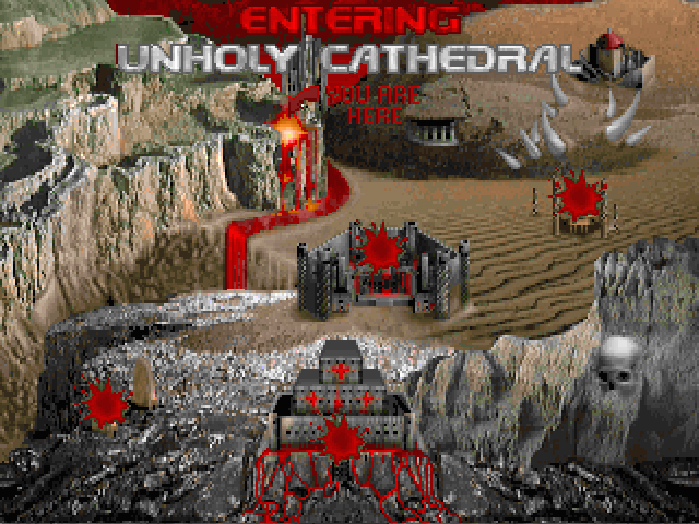 A vivid map of the levels in Episode 3, showing black castles and cathedrals and temples dotted around deserts, steppes, and volcanic plains. A red river runs around some cliffs and a blood-red sky tops the sccene.
