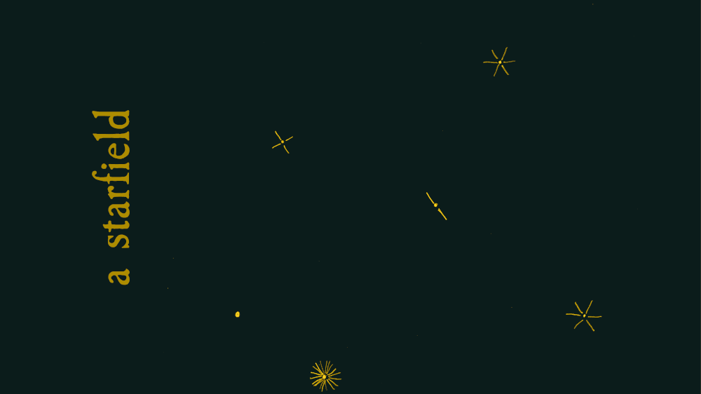 Starfield: Six dot-like golden stars drawn on a deep sea-green sky that's so dark it's almost black. One star has 18 rays of light around it, two stars have six rays, one has four rays, one has two rays, and one has no rays—just a single point of light.